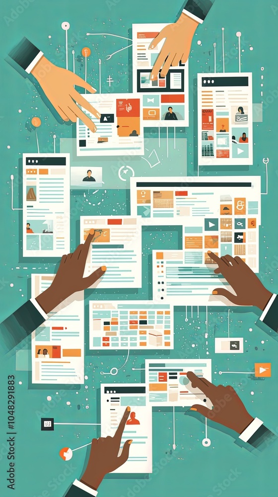Poster multiple hands point to and interact with floating digital pages filled with assorted content, symbo