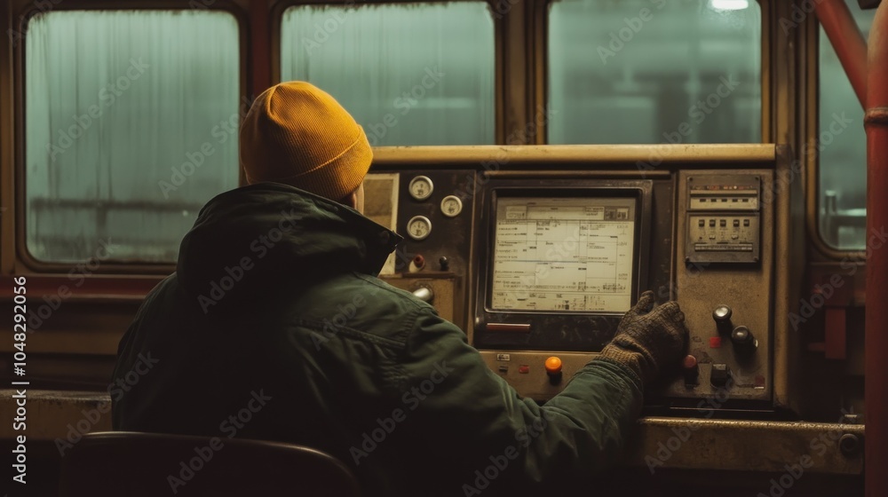 Poster Man in Yellow Hat Operating a Machine in a Control Room