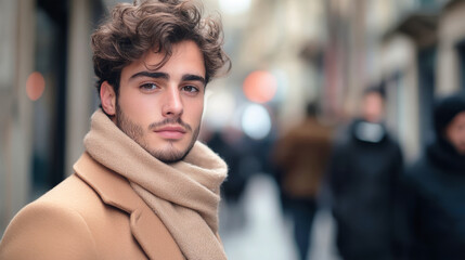Fototapeta premium Stylish young man in beige coat and scarf stands confidently on city street as blurred pedestrians move around him, capturing urban life