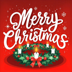 Cheerful "Merry Christmas" white text with dots, sparkling stars and a small snowflake, wreath adorned with holly, ivy with flickering candles,set against a rich red background, evoking warmth and joy