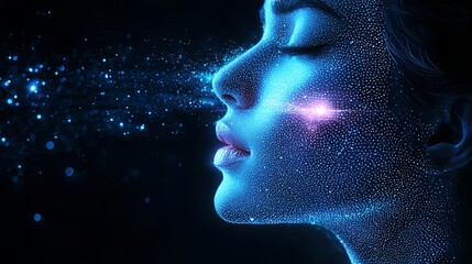 Obraz premium A profile of a digital-looking face with sparkling particles interacting in a luminous blue glow. It portrays futuristic technology and human connection themes.
