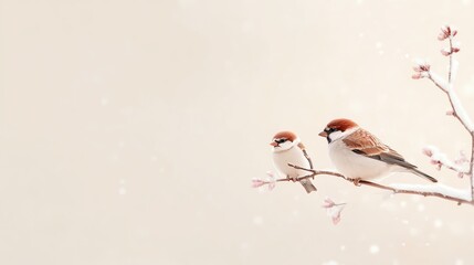 Two sparrows perched on a delicate branch with soft pink blossoms against a light background, creating a serene and peaceful scene.