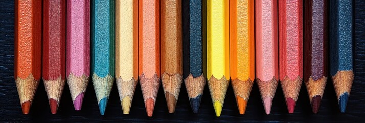 Vibrant array of colored pencils arranged in a fan shape, showcasing a spectrum of hues and textures, ideal for artistic inspiration