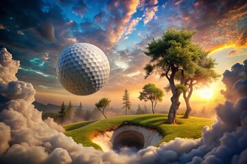 Surreal Animation of a Golf Ball Falling into a Hole in a Dreamlike Landscape