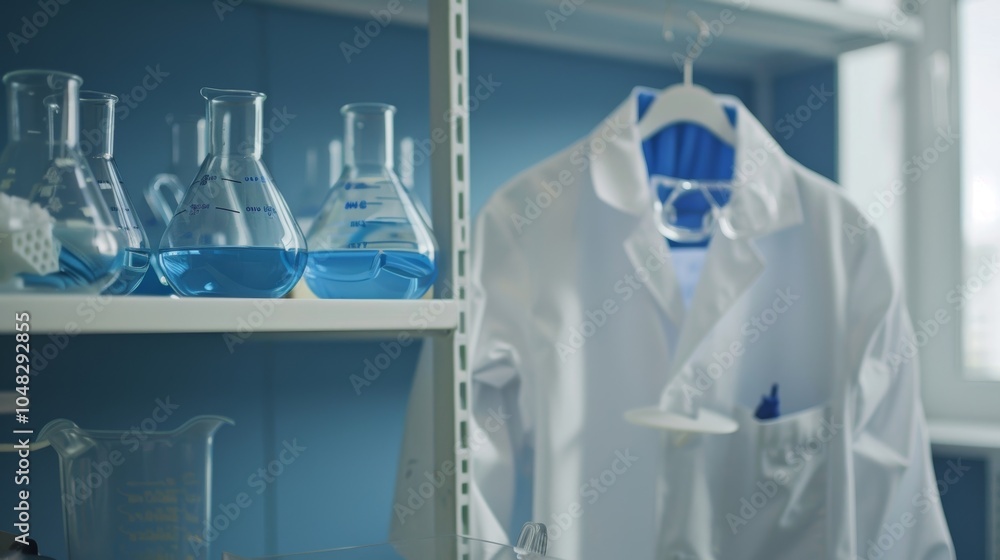 Poster several laboratory beakers containing blue liquid sit on a shelf in a science lab with a scientist's