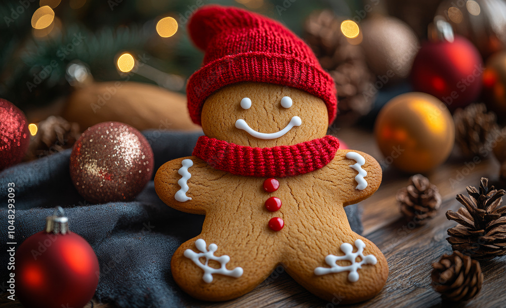 Poster a gingerbread man with a red hat and a smile on his face is sitting on a table with a bunch of chris