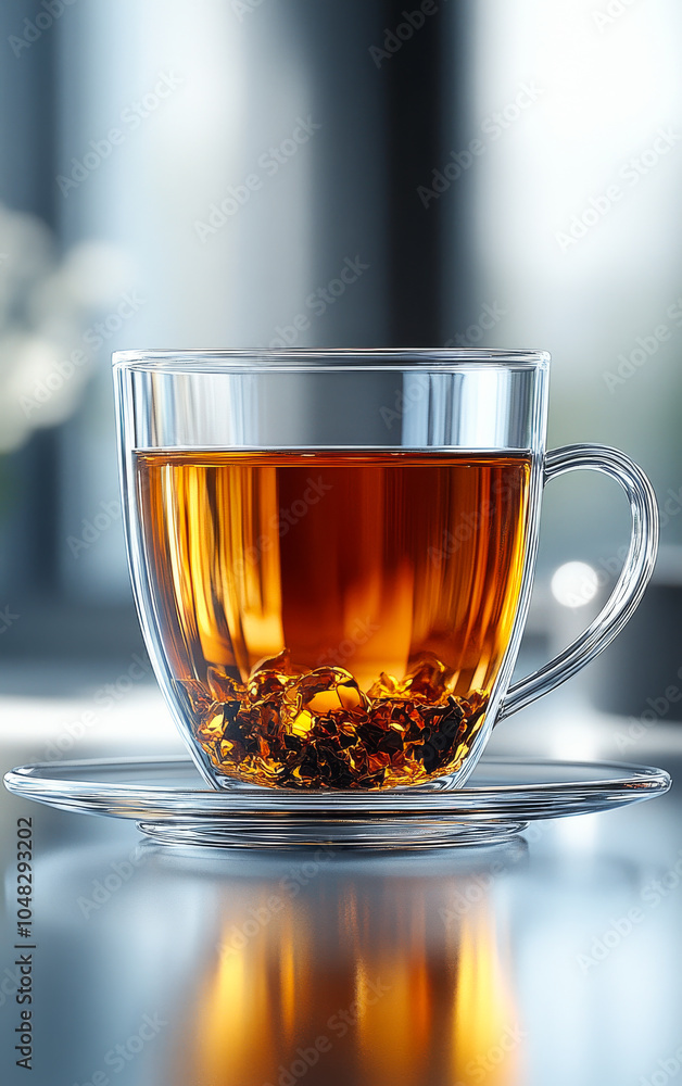 Poster A cup of tea with a few ice cubes floating in it sits on a table. The tea is a warm, comforting beverage that is perfect for a chilly day. The ice cubes add a refreshing touch to the tea