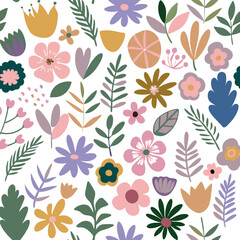 Abstract seamless flowers pattern, vector illustration wildflowers botanical elements design for website, fabric, bendin.