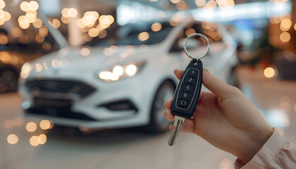 Car key in woman's hand with a car blurred in the background