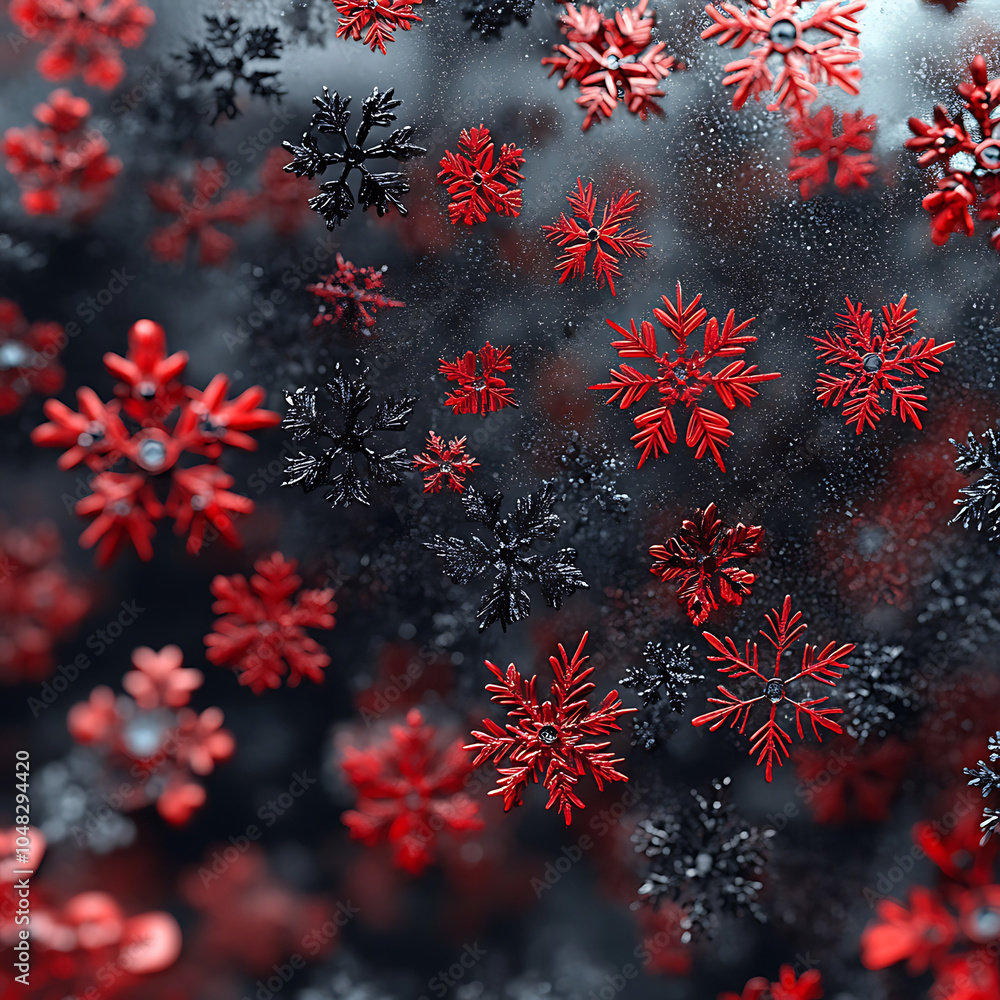 Poster red and black snowflakes on frosty window create striking visual effect, evoking sense of winter won
