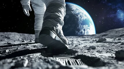 Lunar Explorer: Astronaut's Imprinted Footprint on Gray Moon Soil with Earth in Background