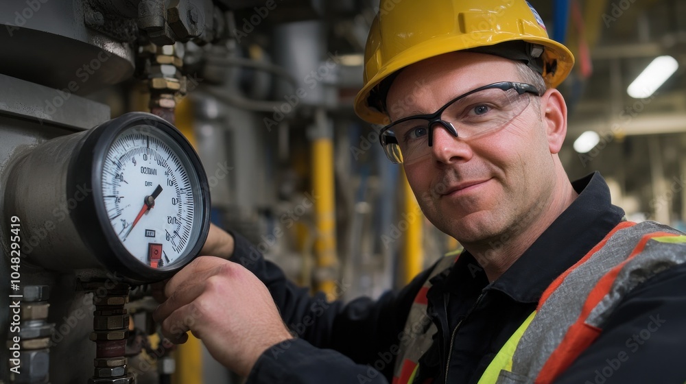 Poster Industrial Worker Checking Gauge in a Factory