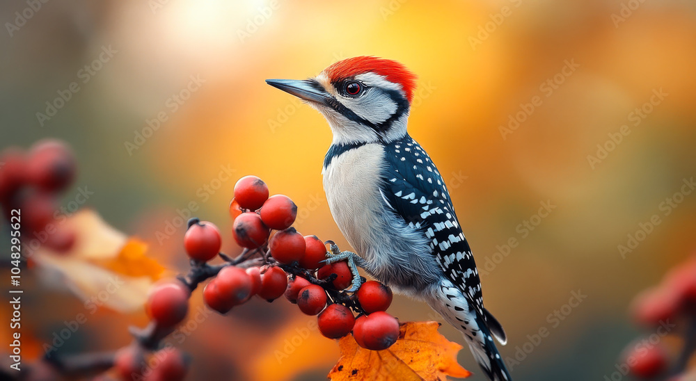 Poster a bird with a red head is perched on a branch with red berries. the bird is surrounded by autumn lea