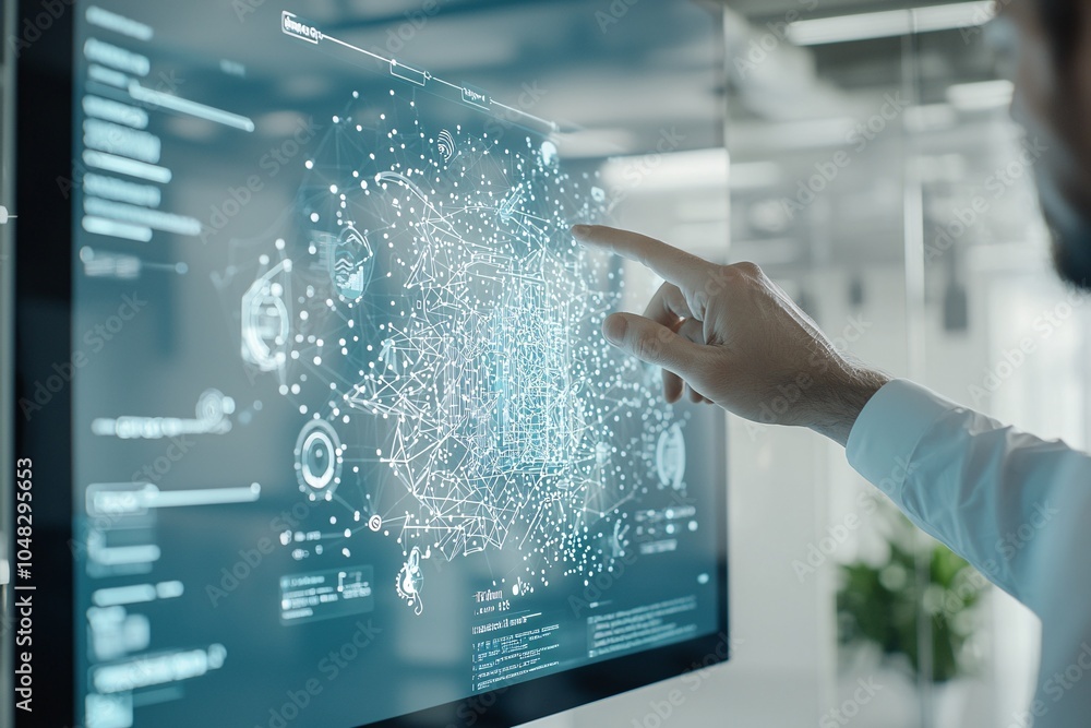 Poster user interacting with a website prototype on a large touch screen, interactive design concept, user 