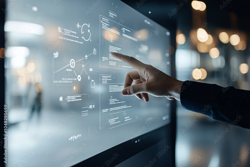 Aufkleber user interacting with a website prototype on a large touch screen, interactive design concept, user 
