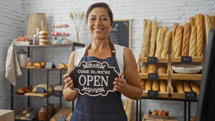 Woman holding open sign in bakery with bread display in background, smiling, middle-aged, brunette, wearing apron, indoors, shop interior, female, beautiful, mature