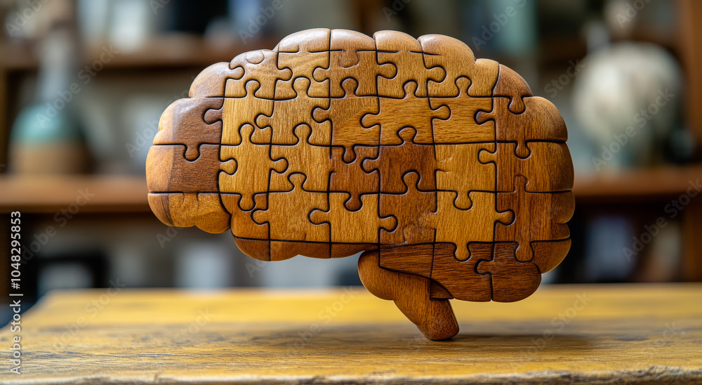 Poster a wooden brain puzzle with pieces missing. the puzzle is incomplete and the idea is to put the piece