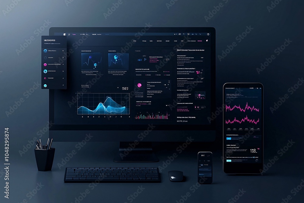 Poster dark mode website layout with glowing elements, trendy web design aesthetic, modern ui/ux concept.