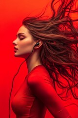 Naklejka premium Brunette wearing ear pod headphones on a vibrant red background. Female. Audio, music, enjoyment, emotions, listening. 