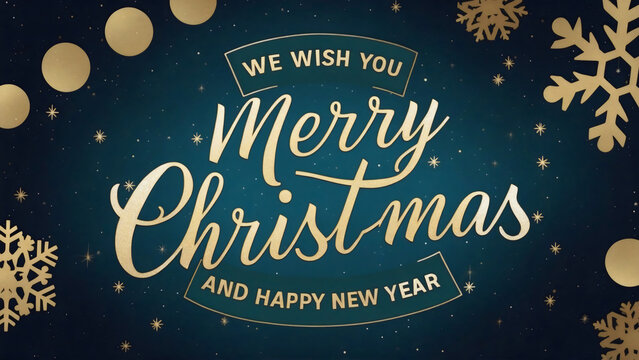 Xmas greeting card wishing everyone a Merry Christmas and a Happy New Year golden typography text, surrounded by  snowflakes and dazzling stars, snow falls, set against a green background and bokeh