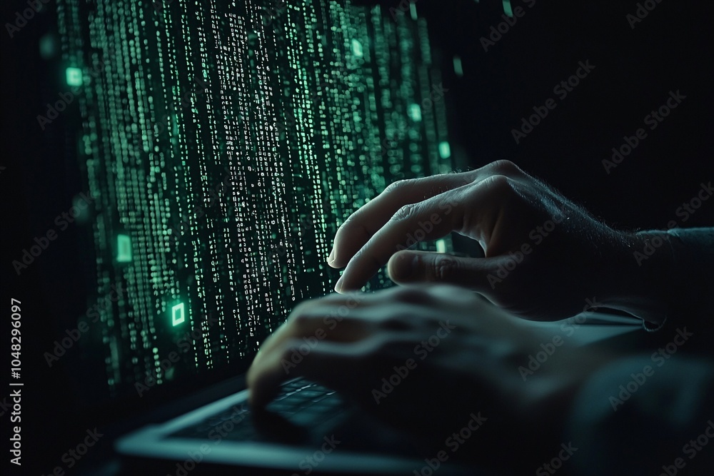 Poster developer writing html code with a green matrix-style background, hacker-like aesthetic, advanced co