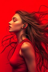 Fototapeta premium Brunette wearing ear pod headphones on a vibrant red background. Female. Audio, music, enjoyment, emotions, listening. 
