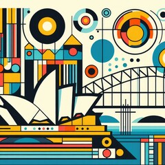 Obraz premium Abstract composition of Australian Sydney with architecture. Vibrant abstract geometric pop art illustration.