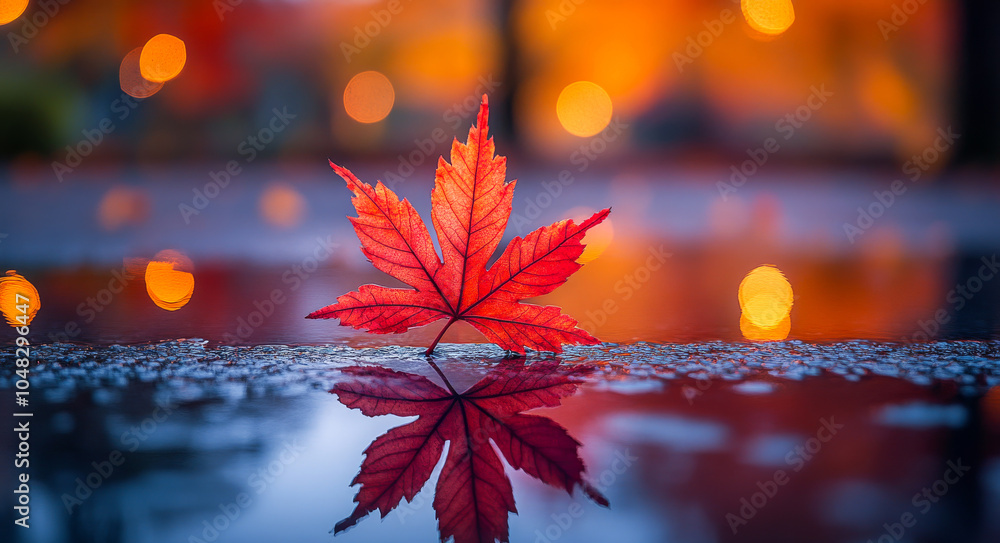 Poster a leaf is floating on the water. the leaf is red and it is reflecting the light. the water is calm a