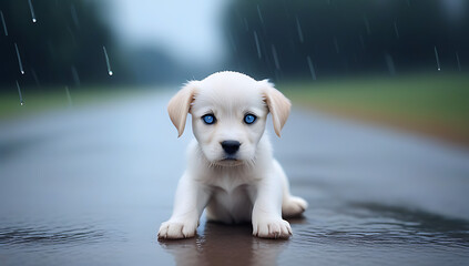 sad puppy rain blue eyes