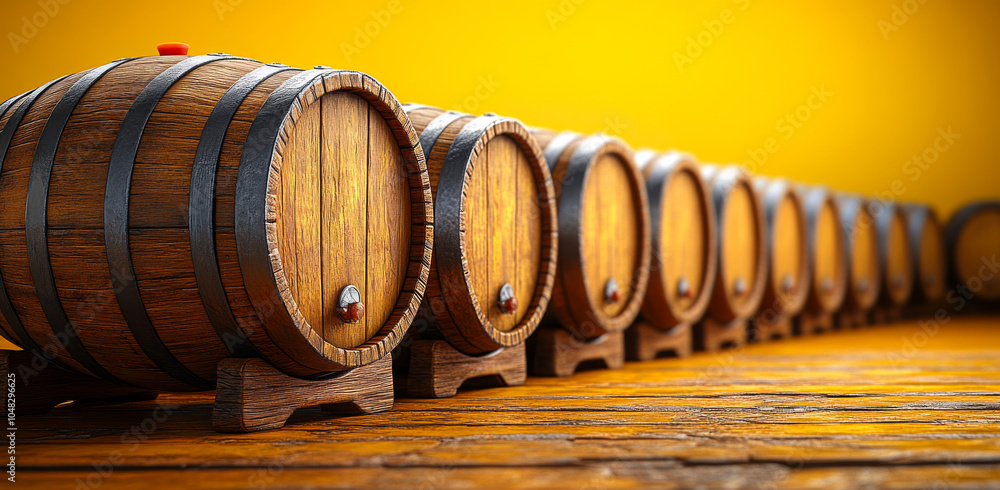 Poster a row of wooden barrels with a red button on top of each one. the barrels are lined up on a wooden f