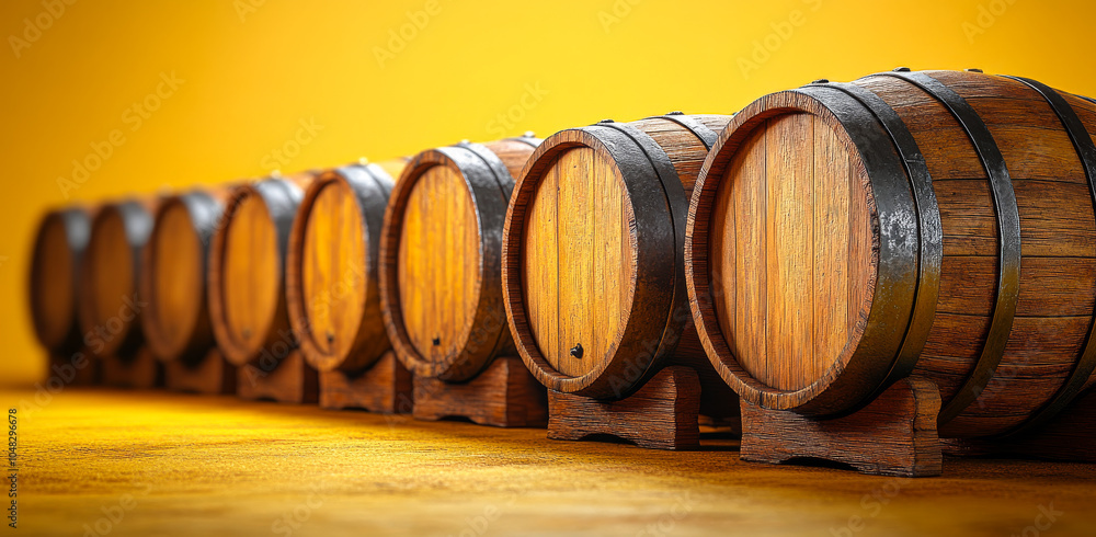 Poster a row of wooden barrels with a yellow background. the barrels are lined up and appear to be empty