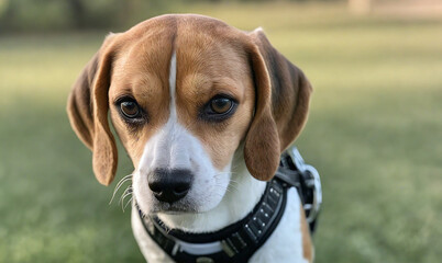 Dog. Beagle. .Dog in a beautiful harness. Leather, metal.