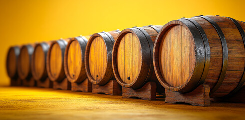 A row of wooden barrels with a yellow background. The barrels are lined up and appear to be empty