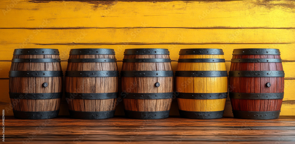 Poster a row of wooden barrels with different colors and sizes. the barrels are arranged in a line on a woo