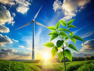 Surreal Wind Turbine with Leaves Symbolizing Green Energy and Environmental Protection