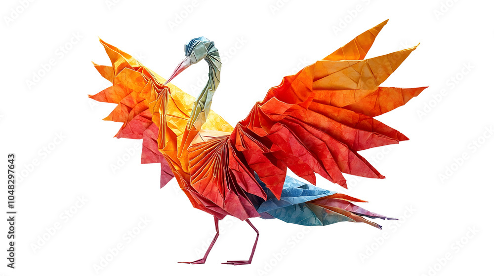 Fototapete Mesmerizing digital of a vibrant origami-style phoenix with striking fiery feathers and dynamic geometric shapes,creating a captivating and imaginative visual representation.