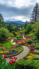 Obraz premium Beautiful spring garden with colorful flower beds and winding pathways in a serene landscape