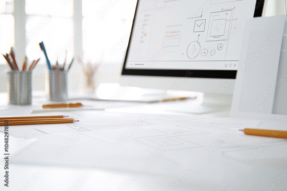 Poster wireframe of a website layout with focus on user navigation paths, intuitive design concept, seamles