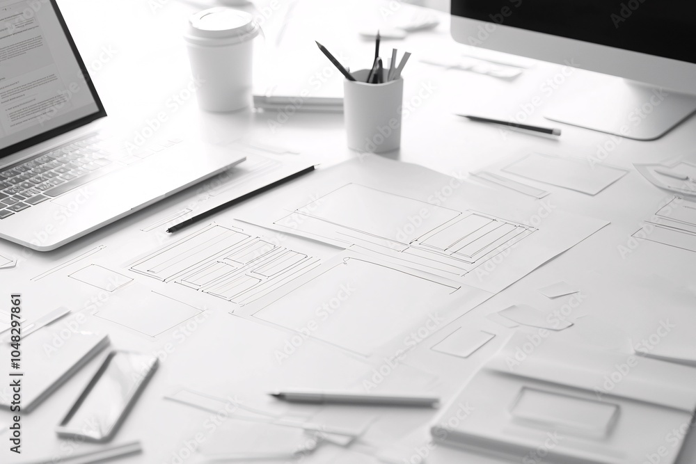 Poster wireframe of a website layout with focus on user navigation paths, intuitive design concept, seamles