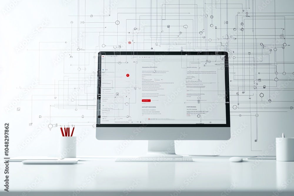 Poster wireframe of a website layout with focus on user navigation paths, intuitive design concept, seamles