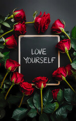 The image features a dark, textured background with a black rectangular board at its center, displaying the words "LOVE YOURSELF" in simple, white capital letters.