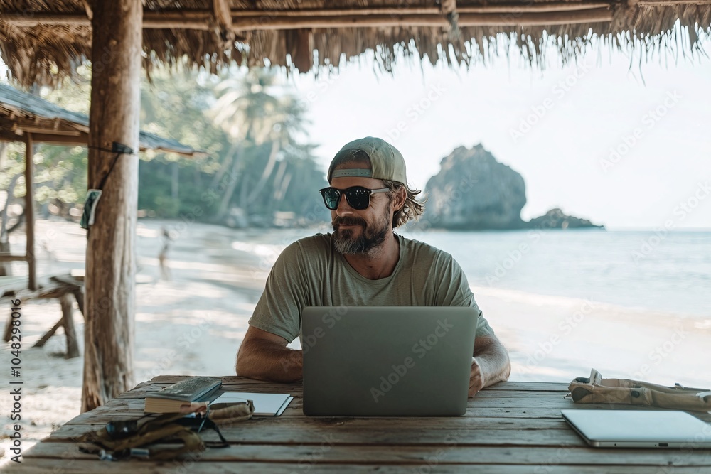 Poster digital nomad working on website development at a beach, remote work lifestyle, web developer s free