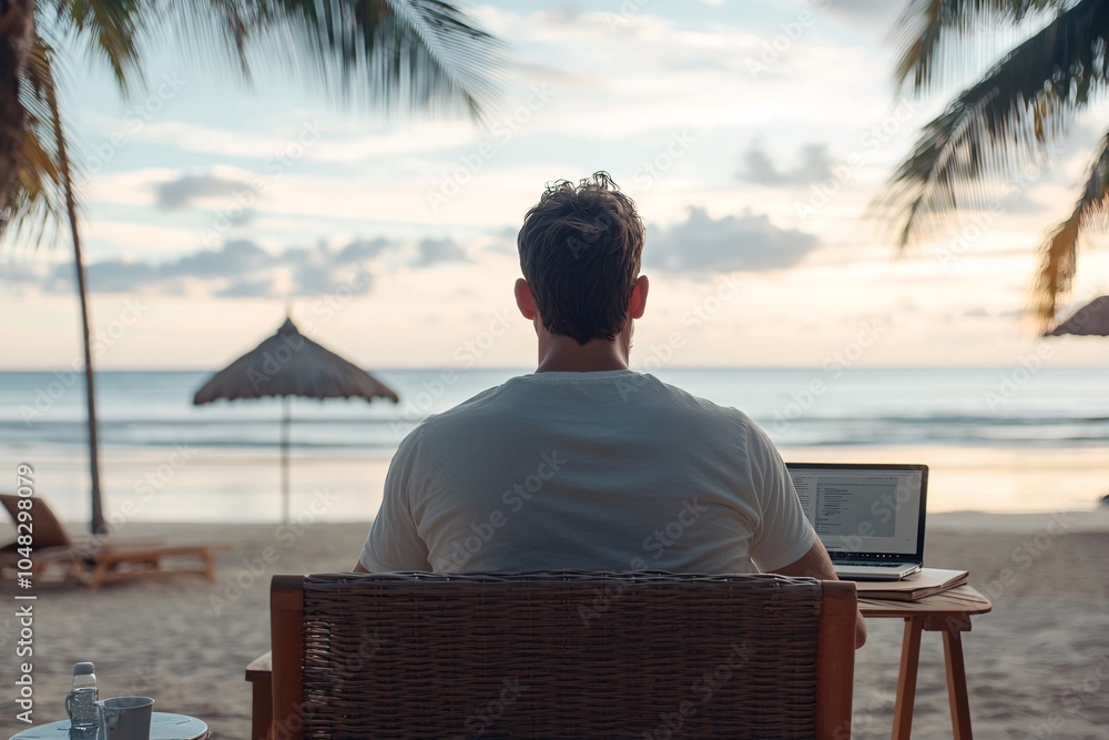 Poster digital nomad working on website development at a beach, remote work lifestyle, web developer s free