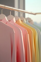 Colorful shirts hanging neatly in a modern wardrobe, showcasing soft pastel hues.