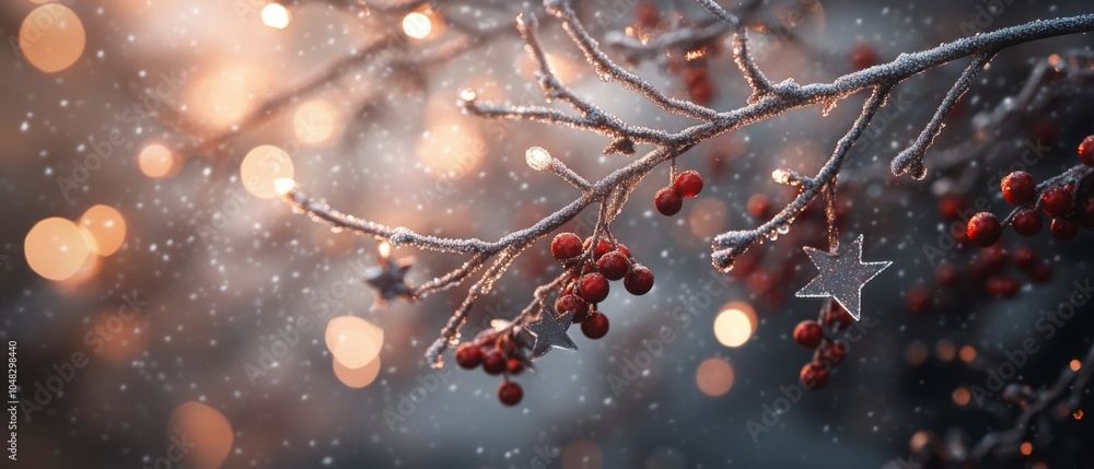 Aufkleber sparkling winter wonderland: close-up of frosted berries and branches with glimmering snowflakes and