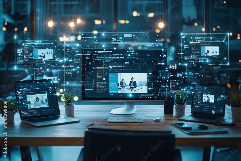 Poster virtual team collaborating on website development via a video call, remote work environment, modern 