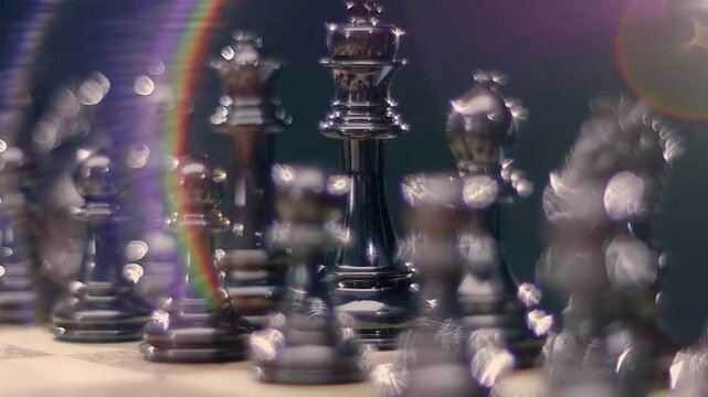 Lacquered chess pieces sparkle in the ray of light and the light source creates a beautiful rainbow flare. Closeup. Shot in motion