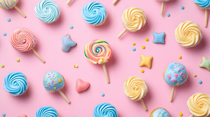 Fototapeta premium Colorful seamless pattern featuring lollipops and candy, perfect for birthday celebrations and sweet treats
