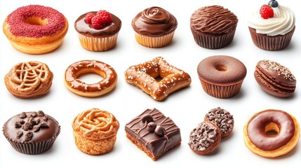 A row of assorted pastries including donuts, cupcakes, and brownies