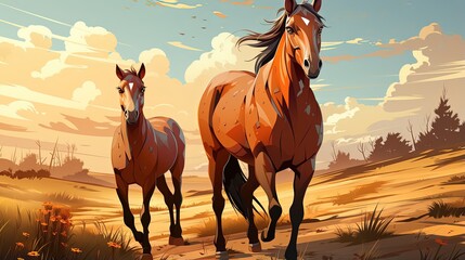 Fototapeta premium Tranquil Field of Horses in Their Natural Habitat Surrounded by Nature